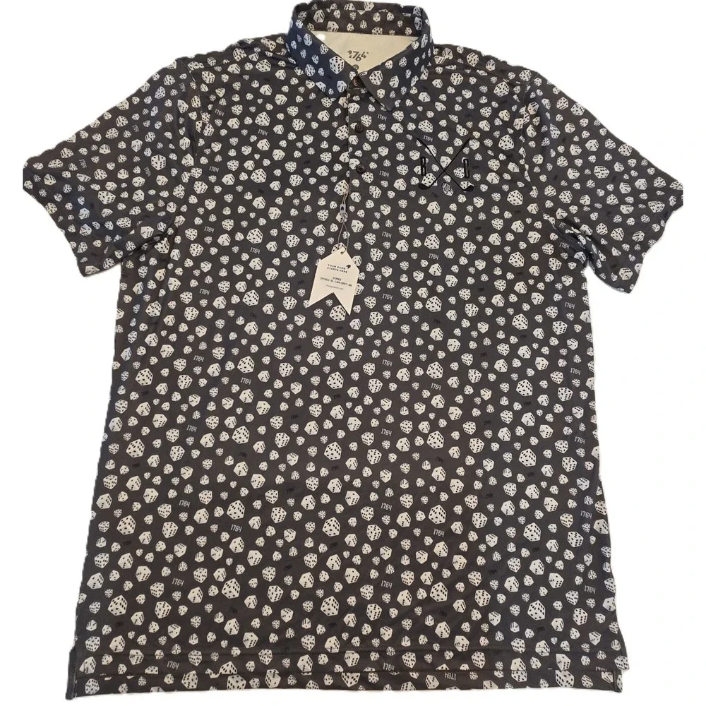 1764 Mens Ivories Golf‎ Polo Shirt XL Lava Grey Dice Print Short Sleeve